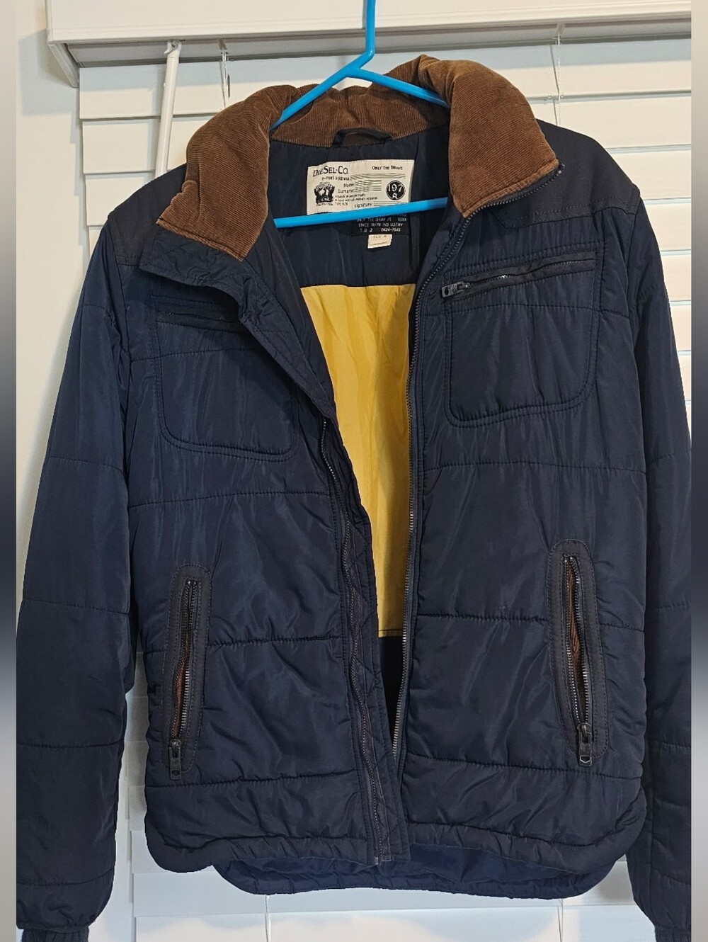 Diesel Navy Puffer Jacket with Brown Corduroy Collar